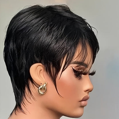 Layered Pixie-Cut Human Hair Wig with Bangs, Full Black Cap and Short 6-Inch Layered Hair Style
