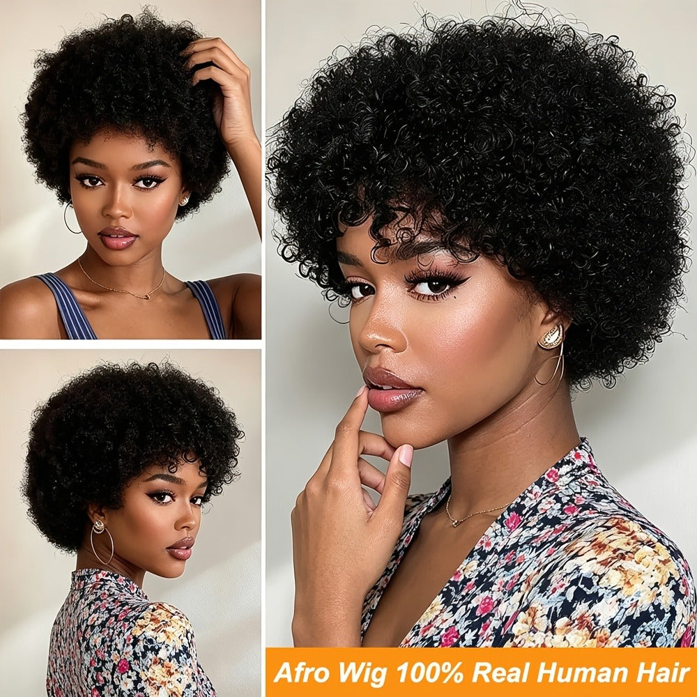 6-Inch Kinky Curly Afro Human Hair Wig with Glueless Cap and Deep Grey, Camel or Ginger Color
