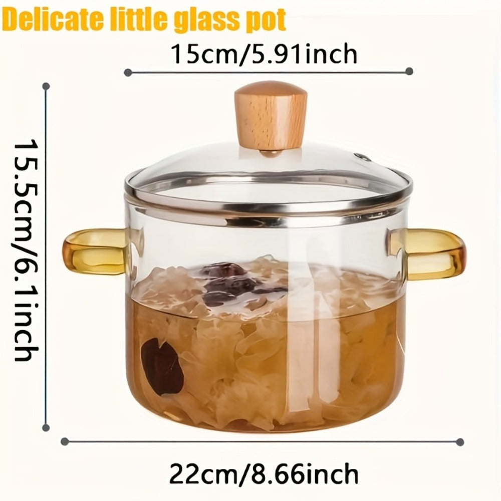 Borosilicate Glass Pot with Lid 50oz Stovetop & Microwave Safe – Double Heat-Resistant Handles for Soup, Milk & Porridge | Transparent Glass