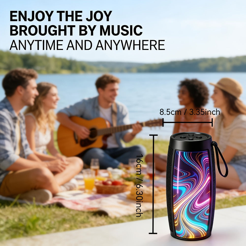 Portable Bluetooth Speaker with Bluetooth 5.3, wraparound audio layout, TWS, RGB Light Show and Carry Strap