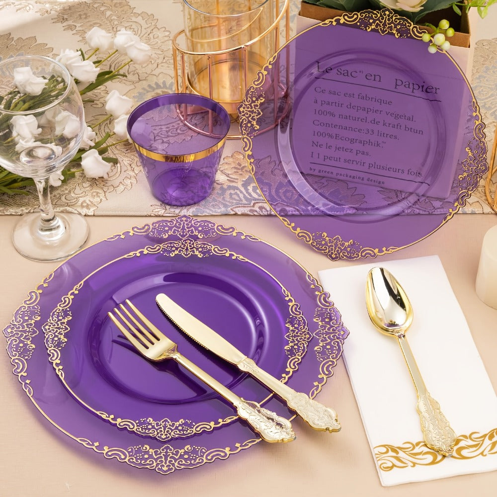 Disposable Party Plates Set 175 Pieces for 25 Guests Clear Plastic Plates with Gold Trim for Entryways, Bedrooms and Living Spaces