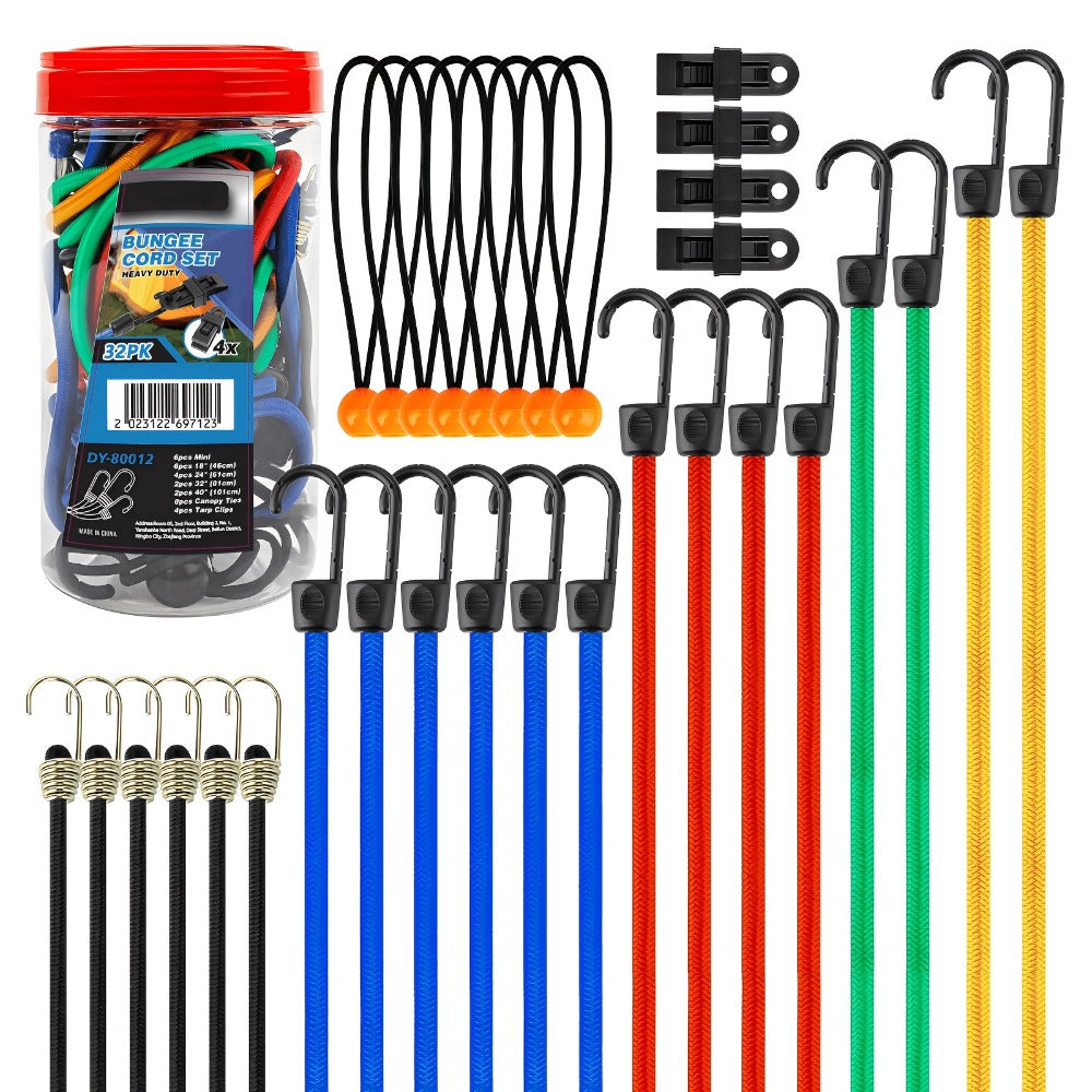 Bungee Cords Assortment 32pcs with Hooks 10 18 24 32 40 Inch Tarp Ball Ties and Tarp Clips for Entryways, Bedrooms and Living Spaces
