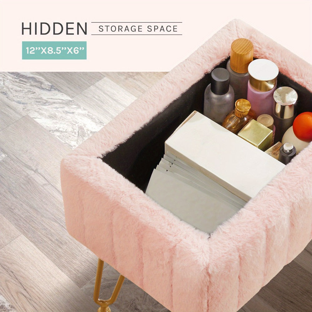 Faux Fur Storage Ottoman Stool, Furry Vanity Seat with Storage, 4 Metal Legs & Feet, Cute Modern Multi-Function Chair for Bedroom