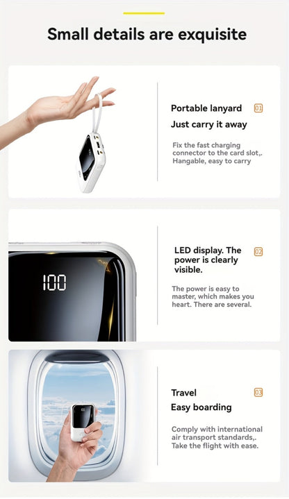 Power Bank 21000mAh Mini with 5W or 22.5W Power Options, Built-In Cable Set and LED Display