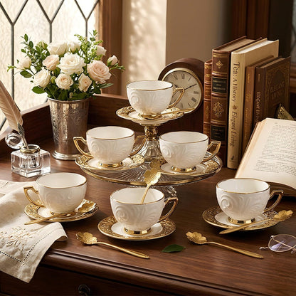 Espresso Cups Set 12 Pcs, 7.44 Oz Small Ceramic Cappuccino Cup Set with 6 Cups, 6 Trays & 6 Spoons