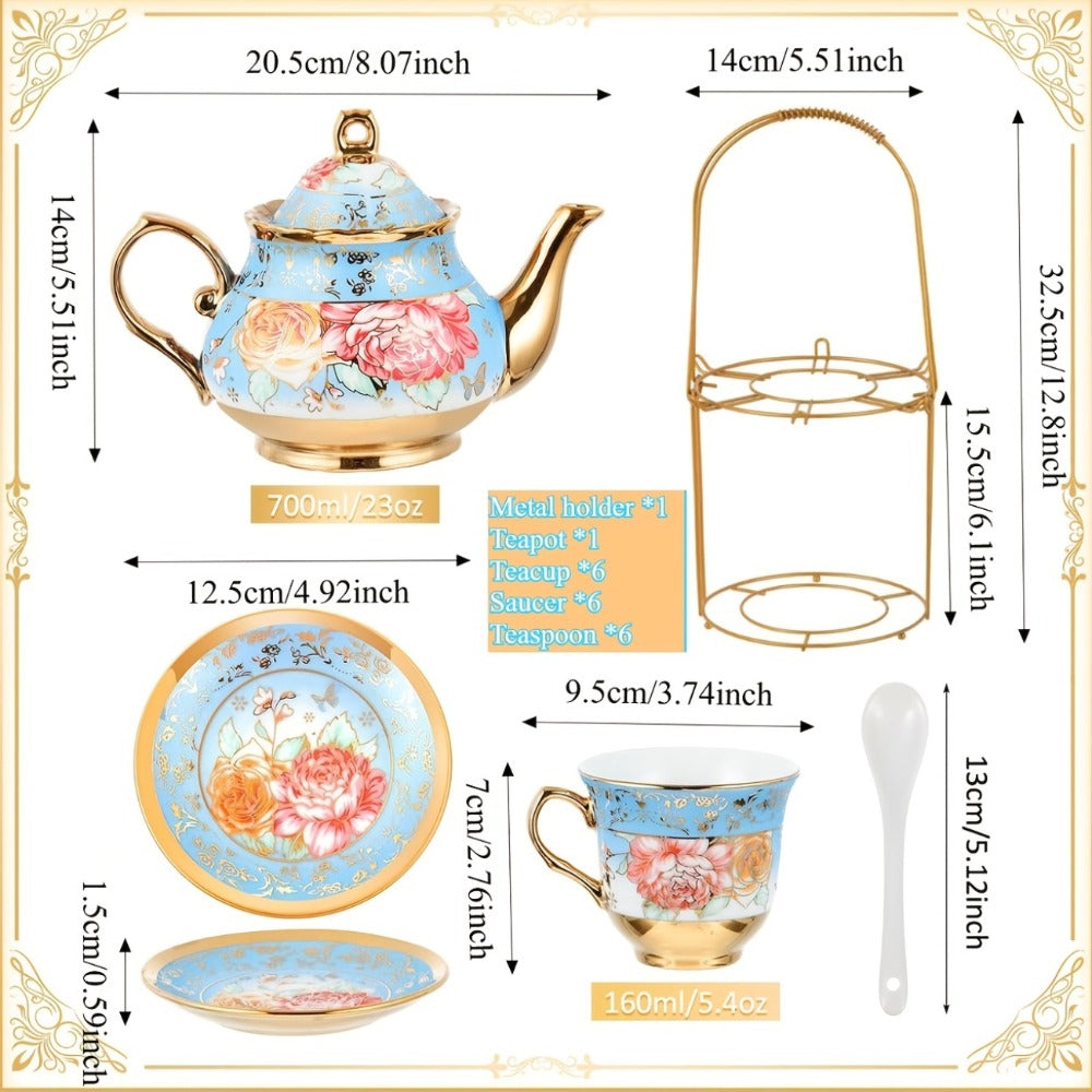 European Floral Ceramic Tea Set 20 Pcs – Italian Style Afternoon Tea Set with Metal Stand – Blooming Pattern Teapot & Cups