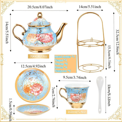 European Floral Ceramic Tea Set 20 Pcs – Italian Style Afternoon Tea Set with Metal Stand – Blooming Pattern Teapot & Cups