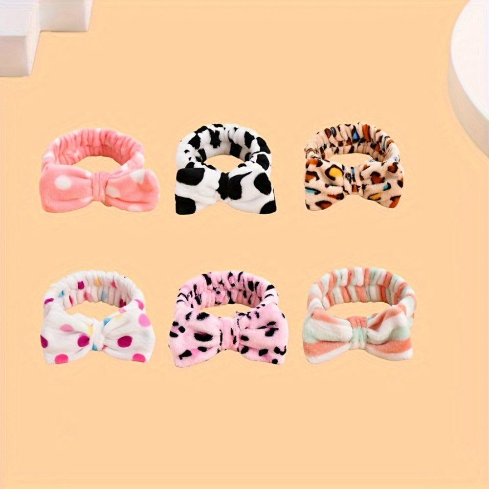 Bow Skincare Headbands for Women 6 Pack Patterned Soft Fabric Elastic Hair Bands for Makeup Spa Shower Face Washing Skincare Routine Beauty