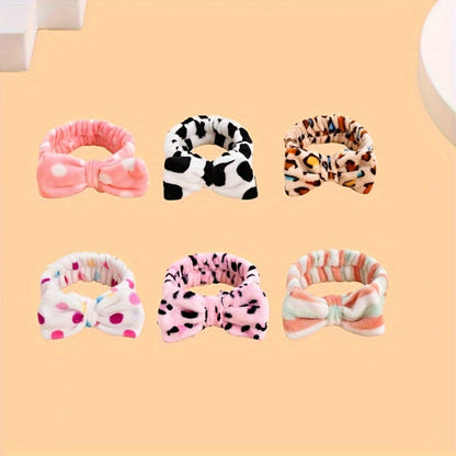 Bow Skincare Headbands for Women 6 Pack Patterned Soft Fabric Elastic Hair Bands for Makeup Spa Shower Face Washing Skincare Routine Beauty