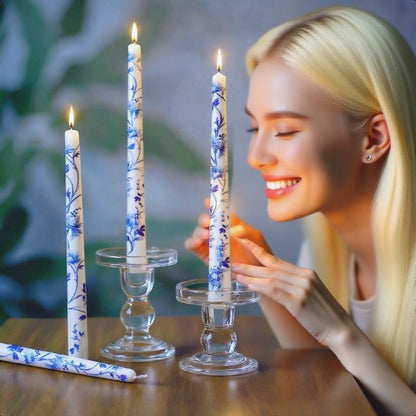 Taper Candles Blue White Porcelain 6-Pack 10 Inch for Everyday Face, Beard and Body Grooming