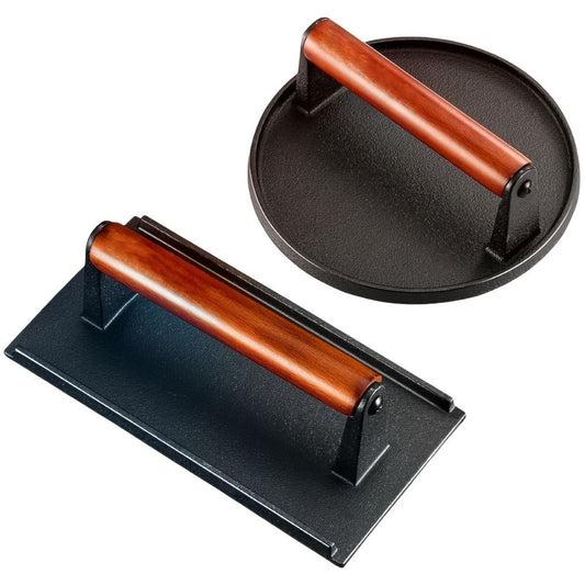 Cast Iron Burger Press Kit 2pcs – Round & Rectangular Meat Press with Wooden Handle for Smash Burgers