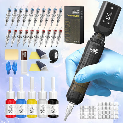 Cordless Tattoo Pen Kit Complete Set VOID 1200mAh Battery USB Type-C 20 Needles 5 Inks 40 Ink Caps Practice Skin Transfer Paper Gloves