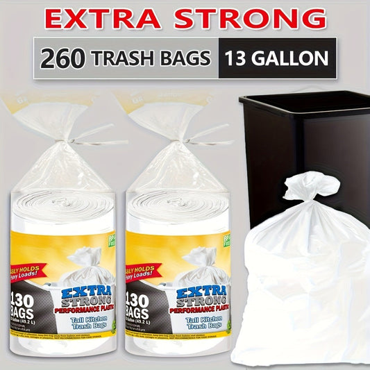 13-Gallon White Trash Bags with Tie Handles, 260-Count Household Pack in Two Large Rolls for Bins