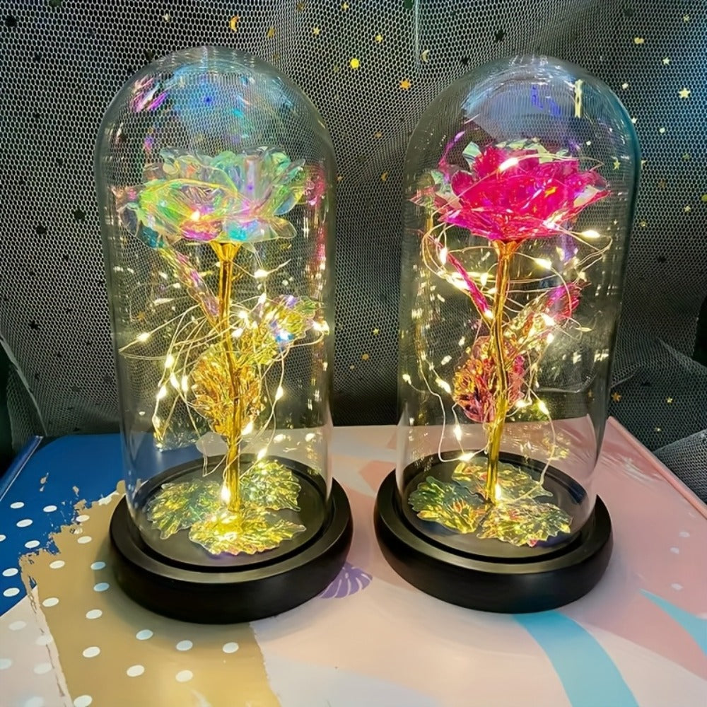 LED Rose Flower in Glass Dome, Eternal Foil Rose with LED Light, Romantic Valentine's Day Gift for Girlfriend