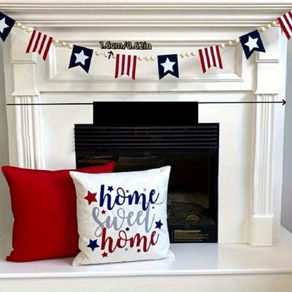Patriotic Bunting Flags with Wood Bead Garland – 4th of July Red White Blue Hanging Banner Decor for Independence Day Party