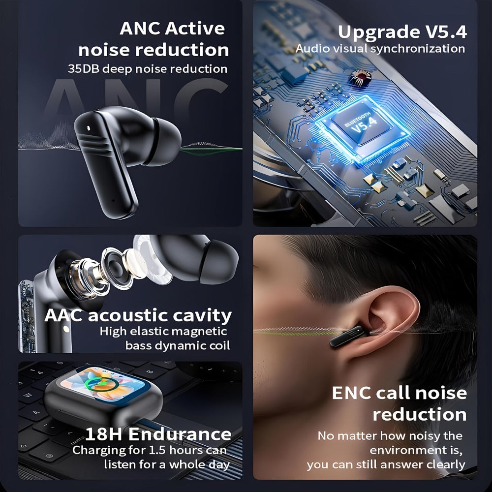 Wireless Earbuds Bluetooth 5.4 with ANC and ENC, LED Touchscreen Case and Black or White Options