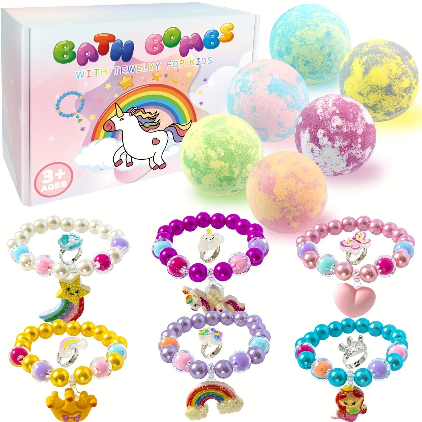 Bath Bombs, 6-Piece Unicorn Surprise Gift Set with Colorful Round Fizzers, Bracelet and Ring Accessories