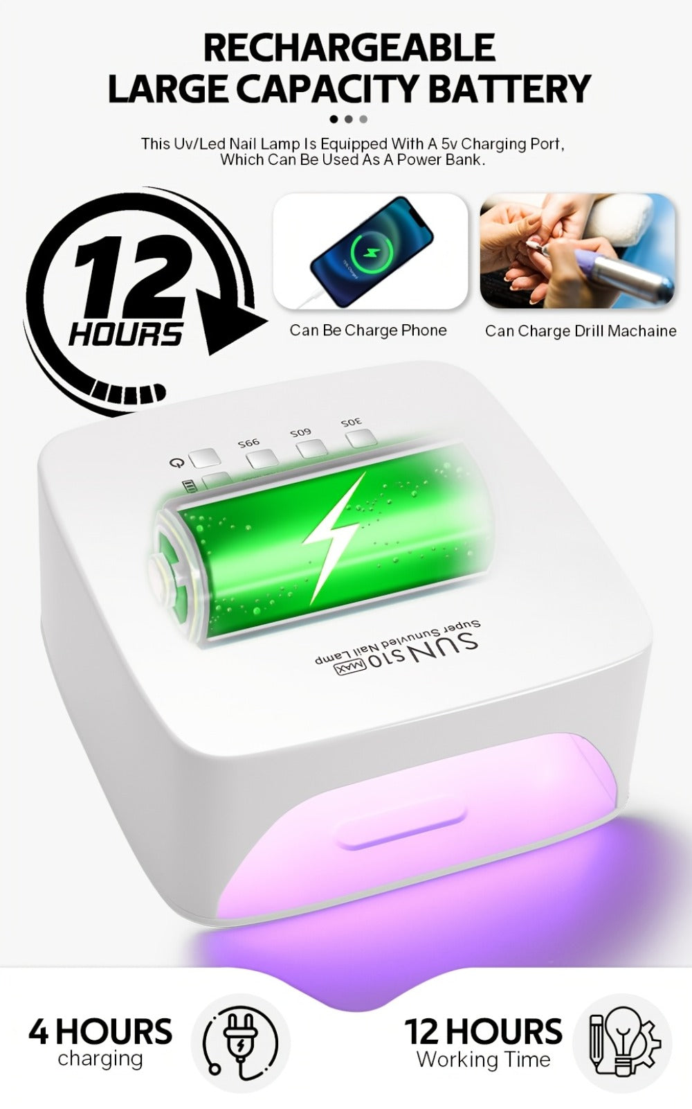 Rechargeable UV LED Nail Lamp 30 Beads, Professional Gel Nail Curing Light Cordless with 3 Timer Settings