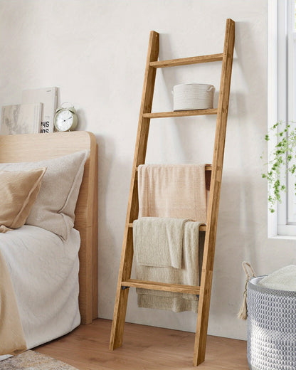 Blanket Ladder Shelf 5-Tier Freestanding Wood Ladder Rack for Blankets Towels Books Decor for Laundry Rooms, Closets and Home Organization