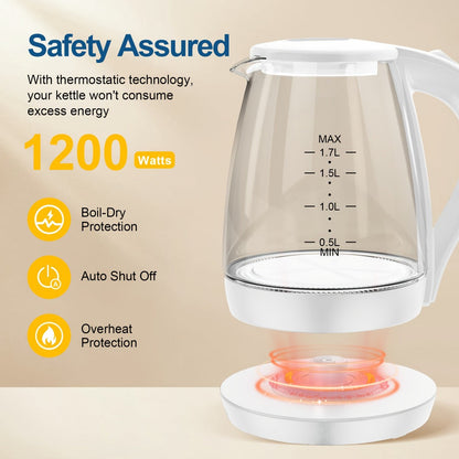 Electric Kettle 1.7L 1200W Borosilicate Glass with Blue LED, Auto Shut-Off and Cordless Base