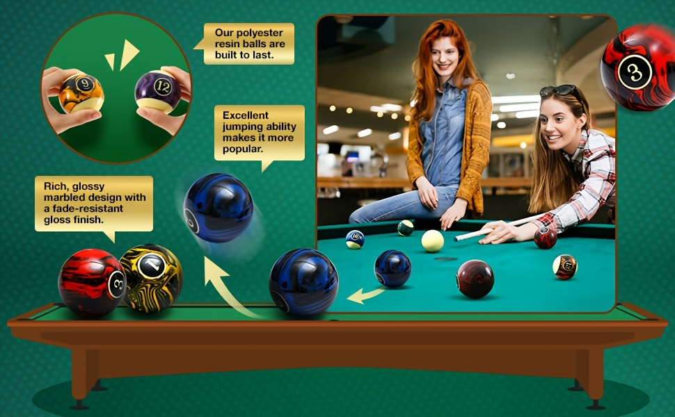 20-Piece Pool Ball and Cue Set with 16 Graphic Billiard Balls, Two Cues and Two Ball Racks