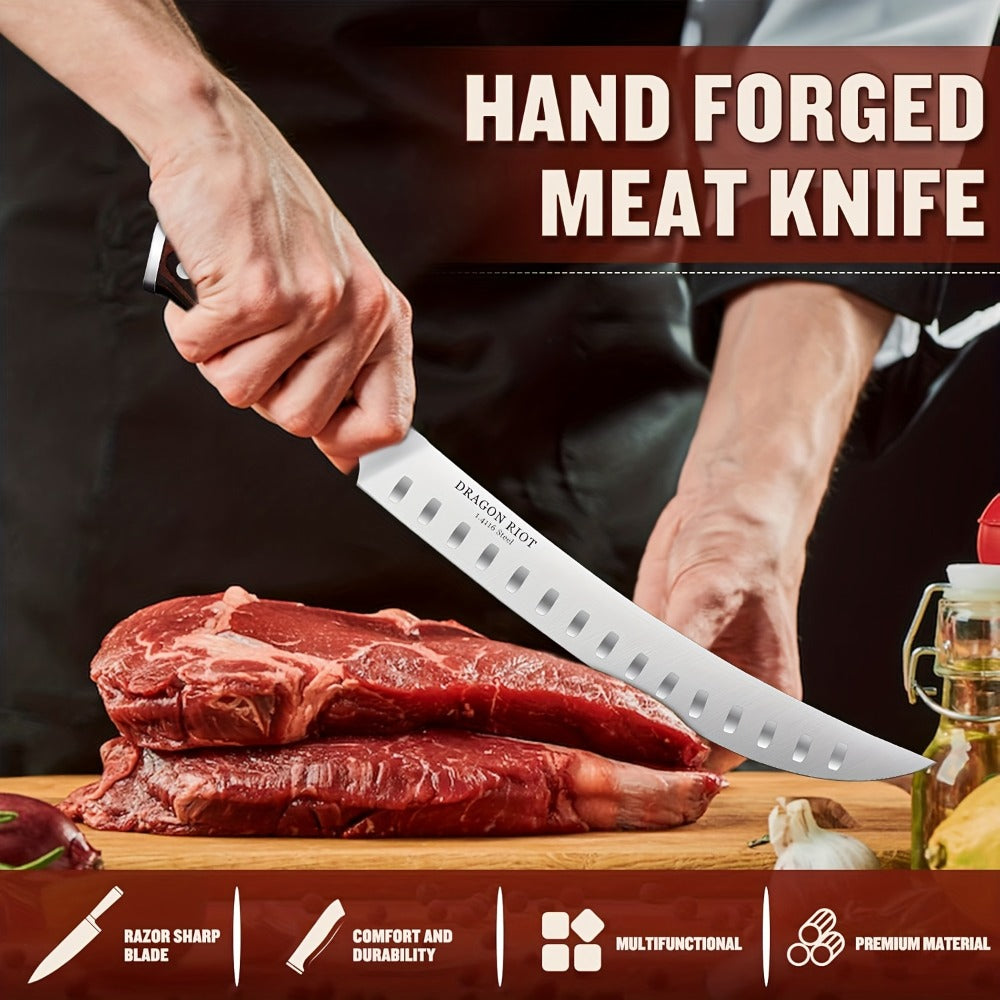Brisket Carving Knife 10 Inch, High Carbon Steel Granton Edge Slicing Knife, Hand Forged Meat Carving Knife with Wood Handle for BBQ
