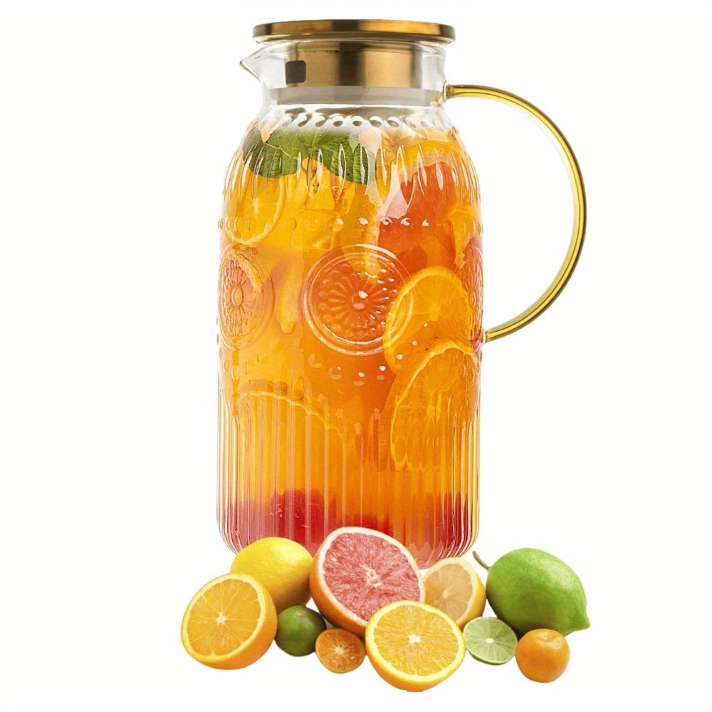 Embossed 68-Ounce Glass Pitcher with Golden-Tone Handle and Lid in One- or Two-Piece Packs