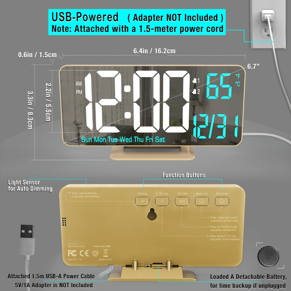 Large Digital Alarm Clock 6.7" with Dual Alarm & Dimmable LED Display, USB Powered Desk Clock with Temperature