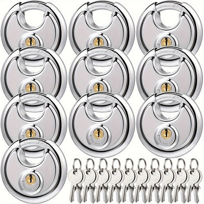 Padlocks with Same Key - 10pcs Stainless Steel Disc Lock Set, Keyed Alike Discus Pad Lock 2-3/4 Inch Wide 3/8 Inch Shackle