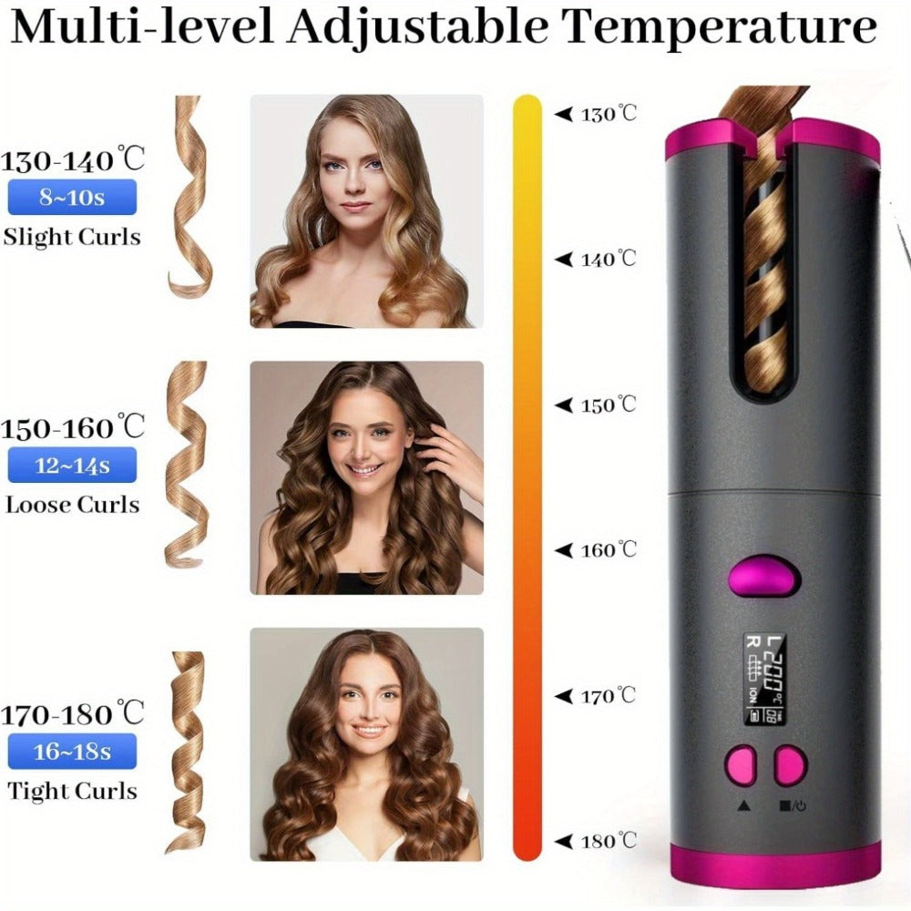 USB-Rechargeable Automatic Curling Chamber with Six Heat Settings, LCD Timer and Four Color Options