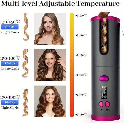 USB-Rechargeable Automatic Curling Chamber with Six Heat Settings, LCD Timer and Four Color Options