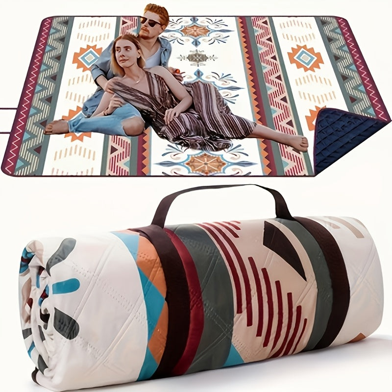 Rectangular Geometric Picnic Blanket with Rolled Carry Straps and 200 x 150 cm Pictured Open Size
