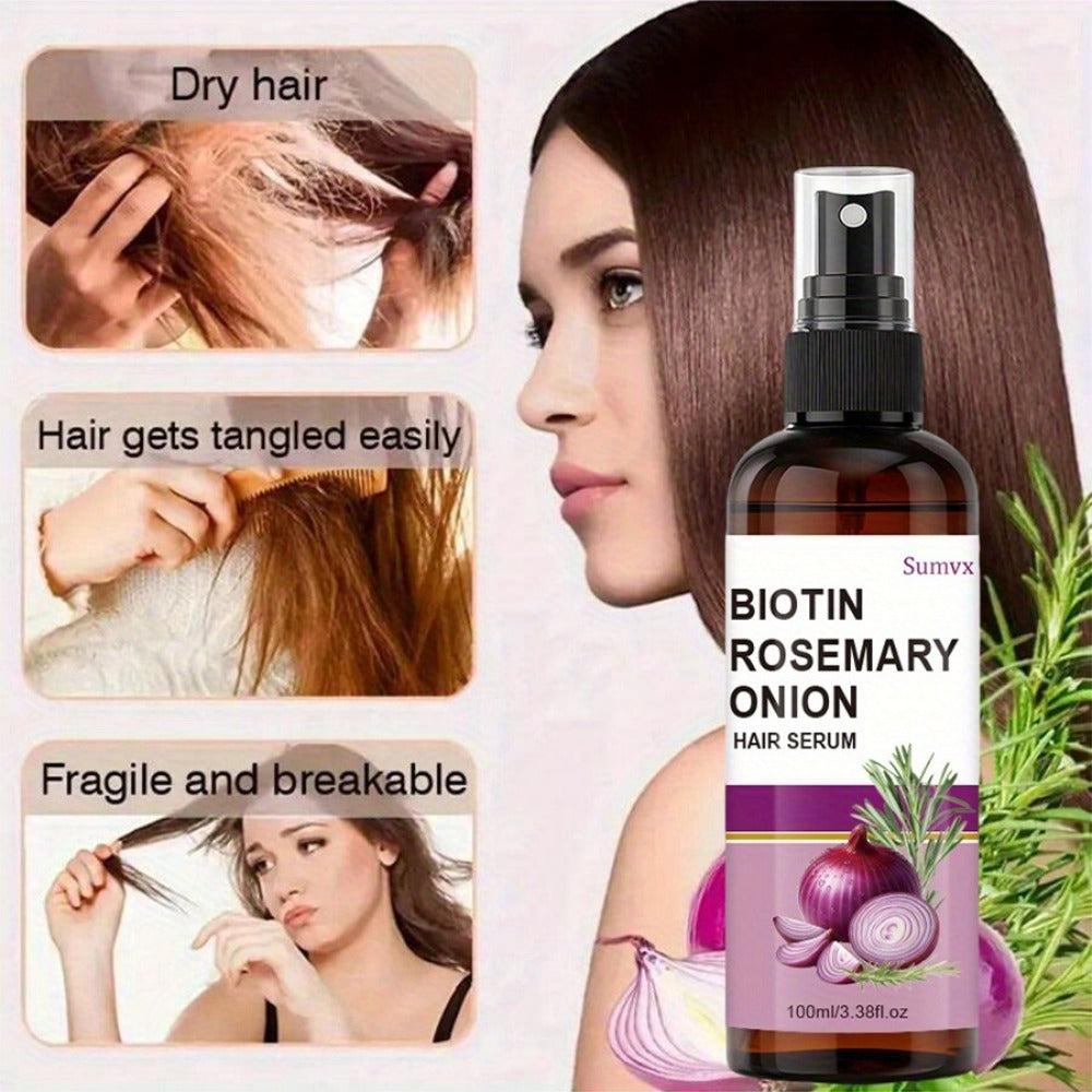 Biotin Rosemary & Onion Oil Hair Growth Serum Spray 100ml – Leave-In Treatment for Damaged Brittle Hair, Reduces Breakage & Frizz
