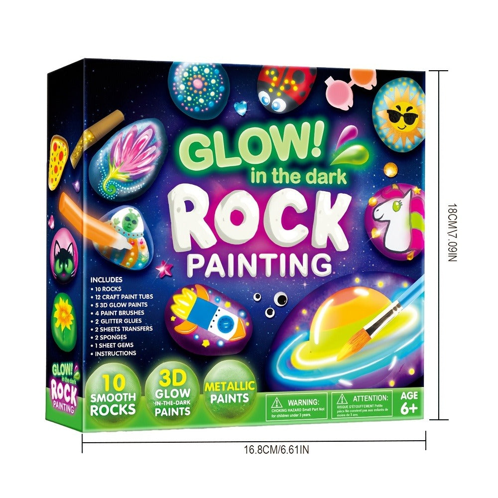 Glow Rock Painting Craft Kit with 10 Rocks, Paints, Brushes, Gems and Stickers in One- or Two-Pack Options