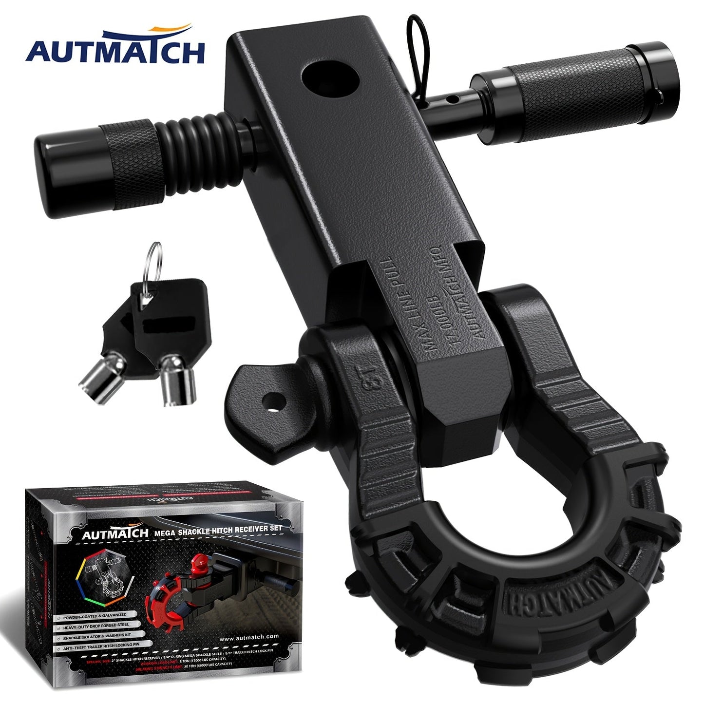 Shackle Hitch Receiver 2-Inch 68, 000 lb Break Strength with 3/4" D-Ring & 5/8" Hitch Lock Pin – Heavy Duty Drop Forged Steel 8-Ton Vehicle