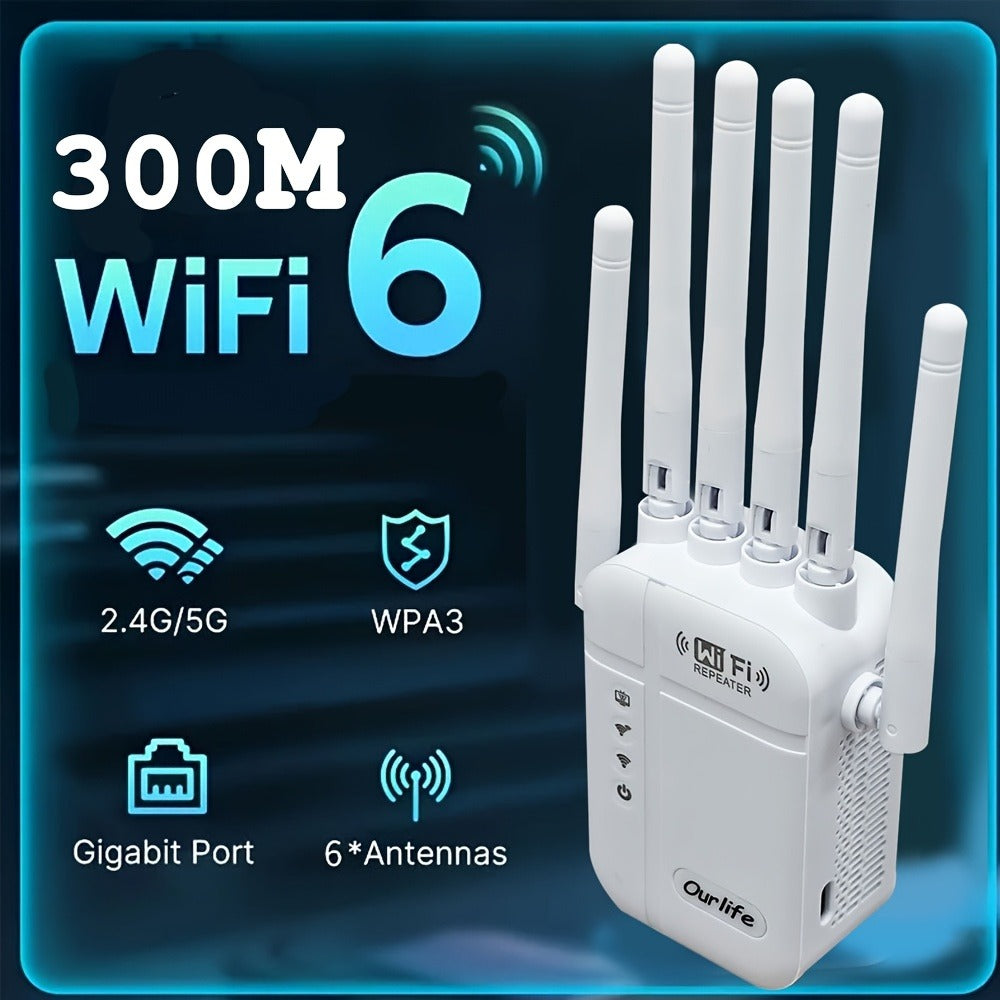 WiFi 6 Mesh Extender 1400Mbps 6-Antenna Dual Band - 2.4GHz & 5GHz Whole Home Coverage, One-Button WPS Setup