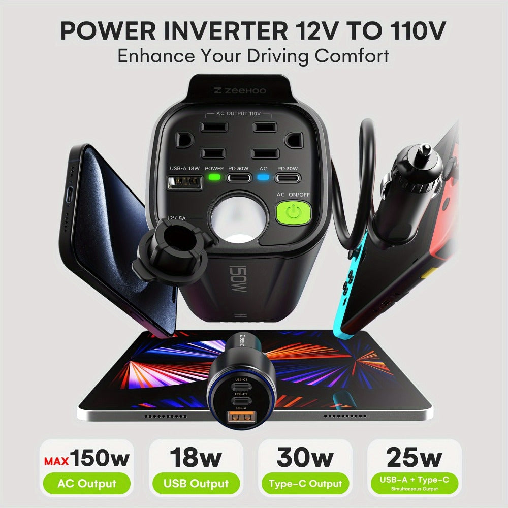 Black 150W Vertical Car Power Inverter with Two 110V AC Outlets, USB-A and USB-C Ports for Vehicles