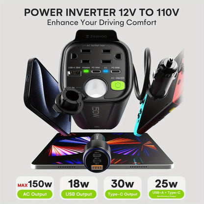 Black 150W Vertical Car Power Inverter with Two 110V AC Outlets, USB-A and USB-C Ports for Vehicles