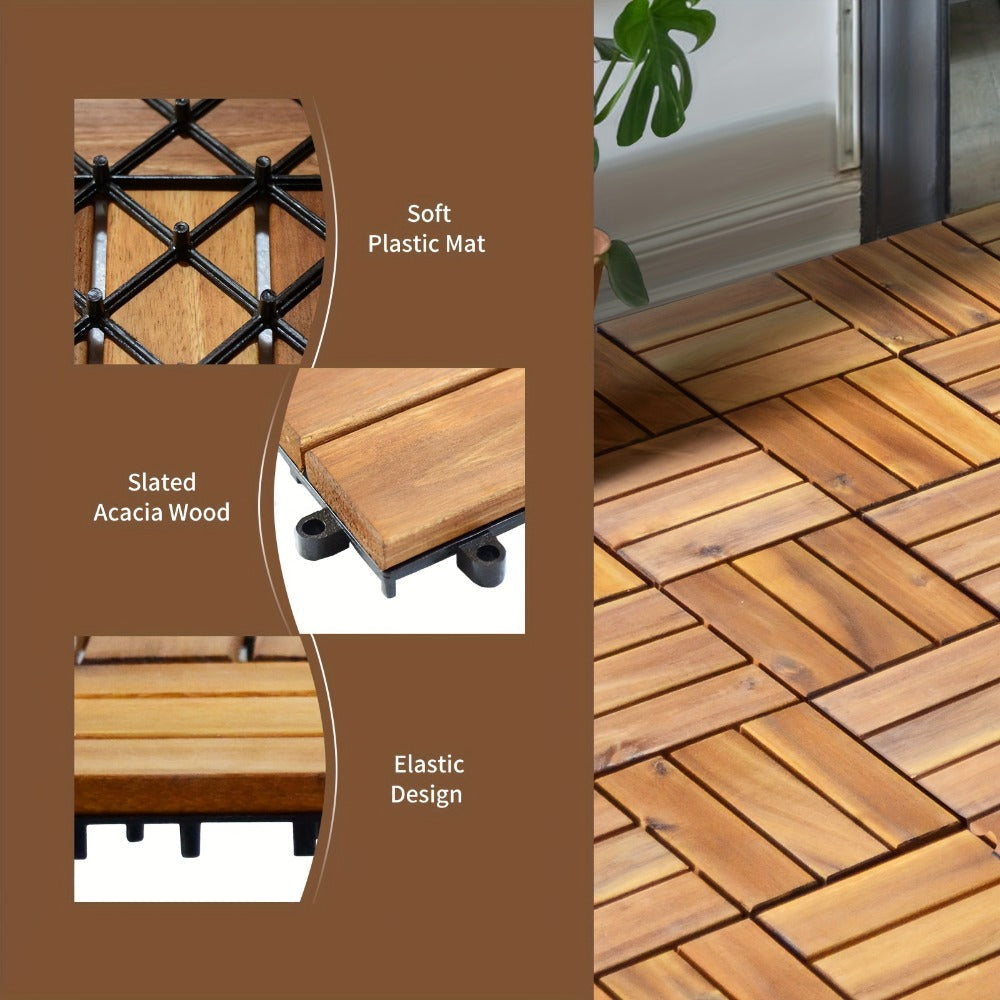 Interlocking Acacia Wood Deck Tiles 27-Pack – 12x12 Inch Oil-Finished Slat Tiles, Covers 27 Sq Ft, Tool-Free Install, for Patio, Balcony