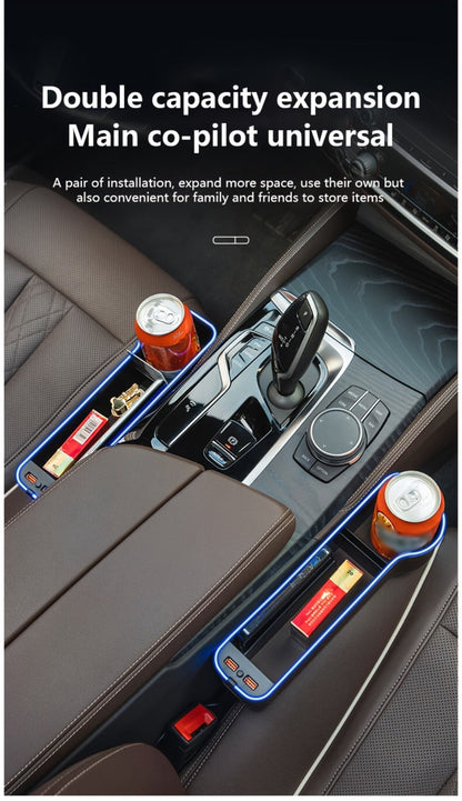 Black Lighted Seat-Gap Car Organizer with Phone Slot, USB Ports and Driver, Passenger or Pair Options