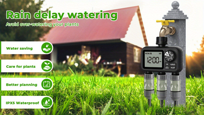 3-Zone Sprinkler Timer with Auto/Manual/Rain Delay Modes, Programmable Garden Hose Irrigation Controller