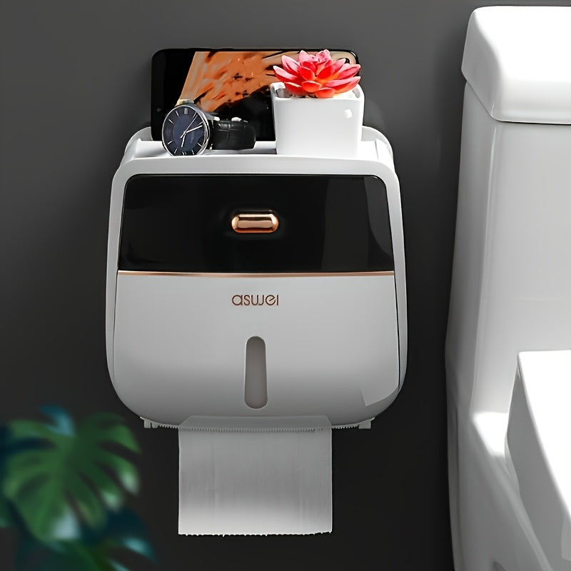 Wall-Mounted Covered Toilet Paper Holder with Top Drawer, Storage Shelf and 8.26 x 5.51 x 8.46-Inch Size