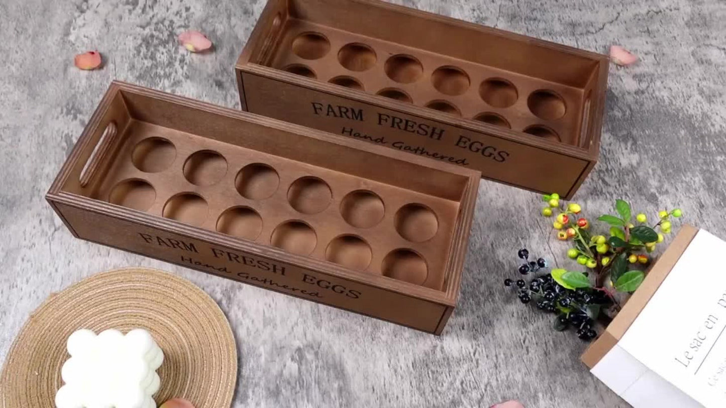 Farmhouse Wooden Egg Holder Rack 2pcs – 24 Egg Storage Display with Handle for Kitchen, Farm, Easter