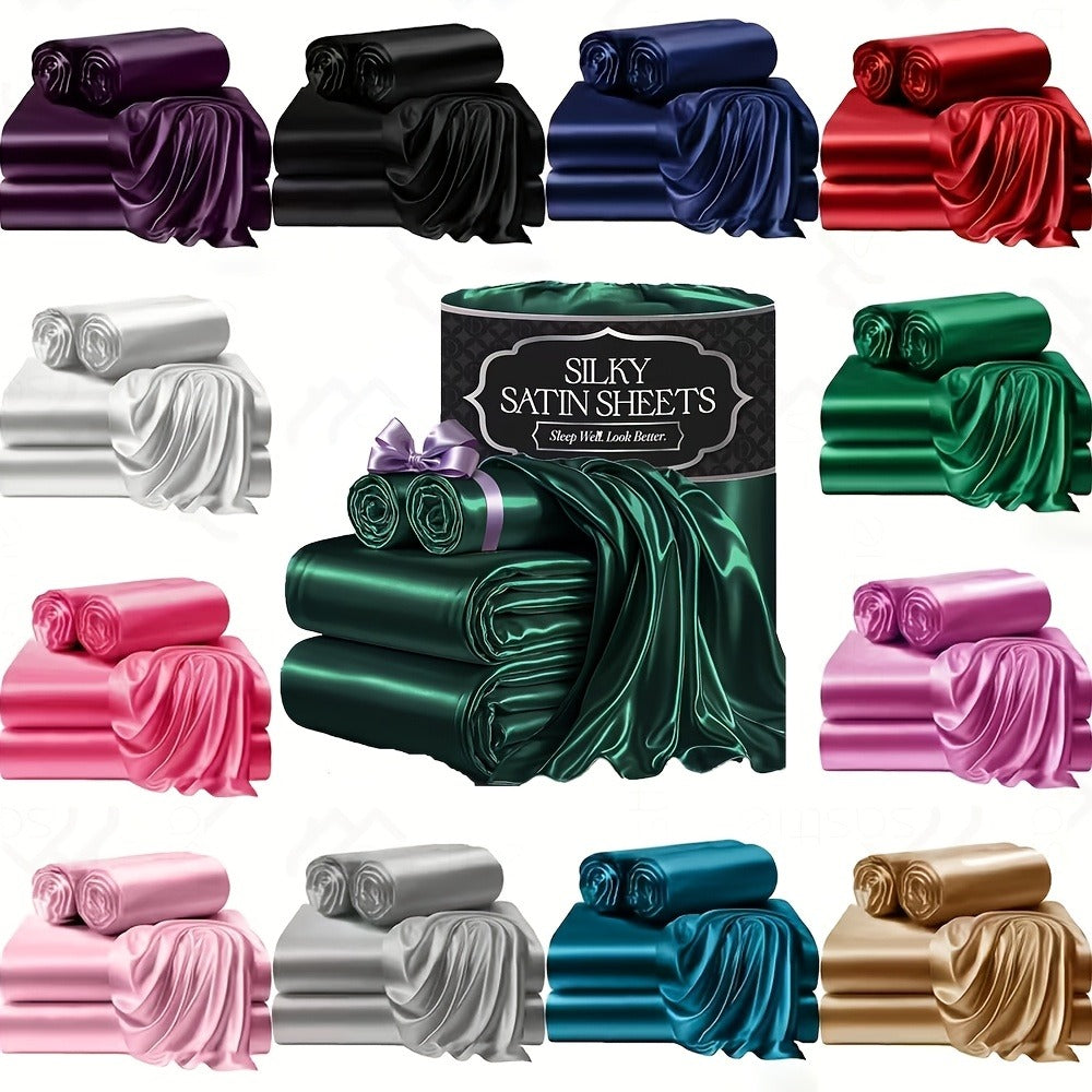 Sheet Set, Satin Bedding with 16-Inch Fitted Pocket, Three- or Four-Piece Size Configuration and Seven Solid Colors