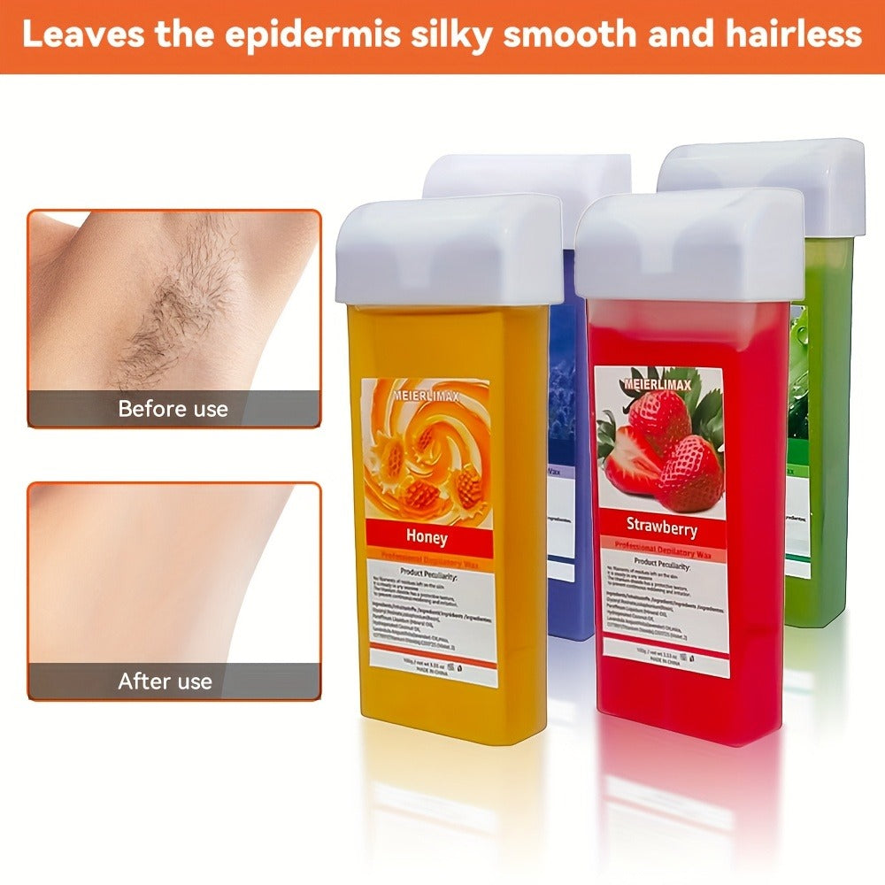 Hair Removal Roller Wax Strips 100g Handheld Depilatory Wax Kit, Smooth Skin for Legs Arms Underarms Bikini Line