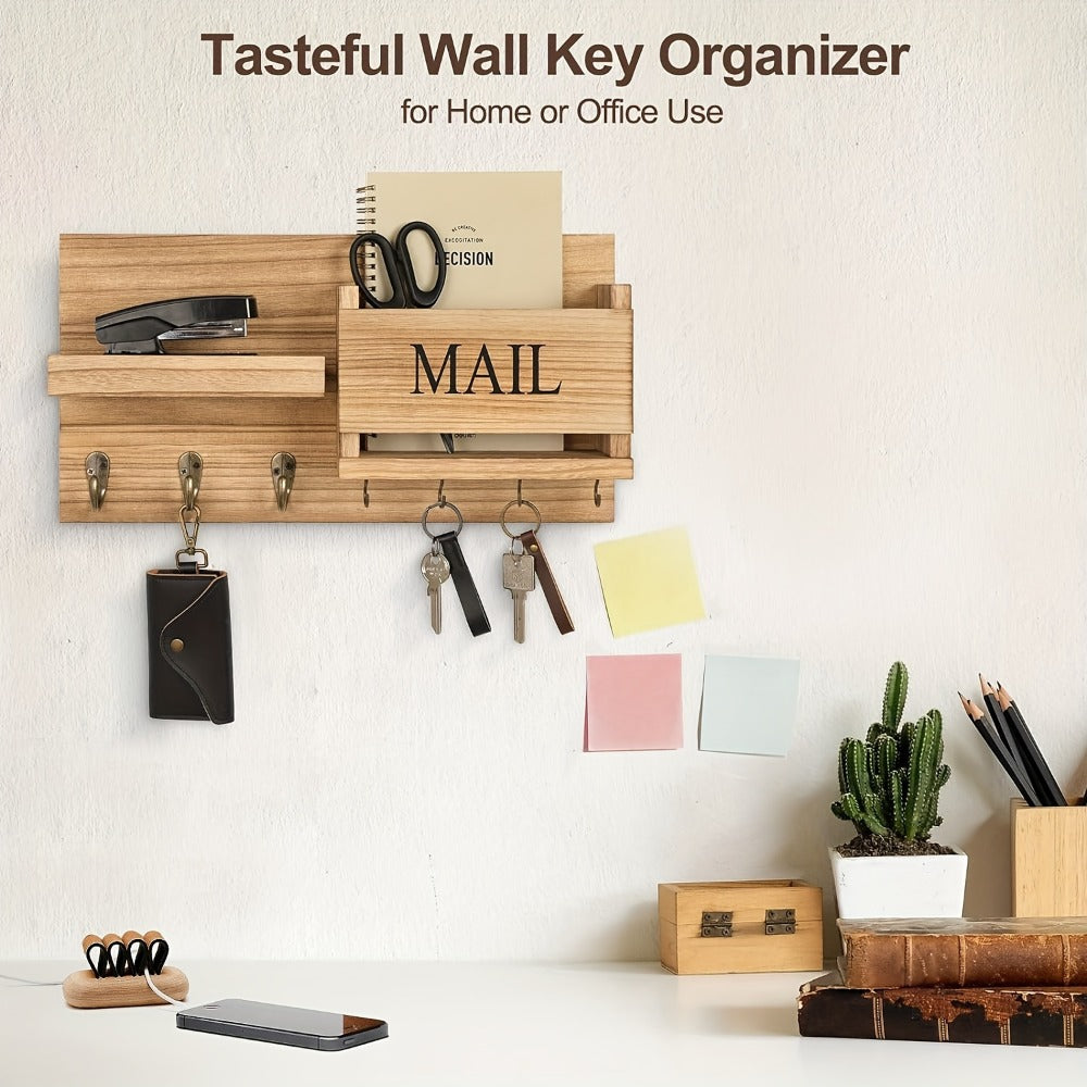 Wall Mounted Storage Rack with Mail Slot – Rustic Wood Floating Shelf with Hooks for Keys, Hats & Envelopes