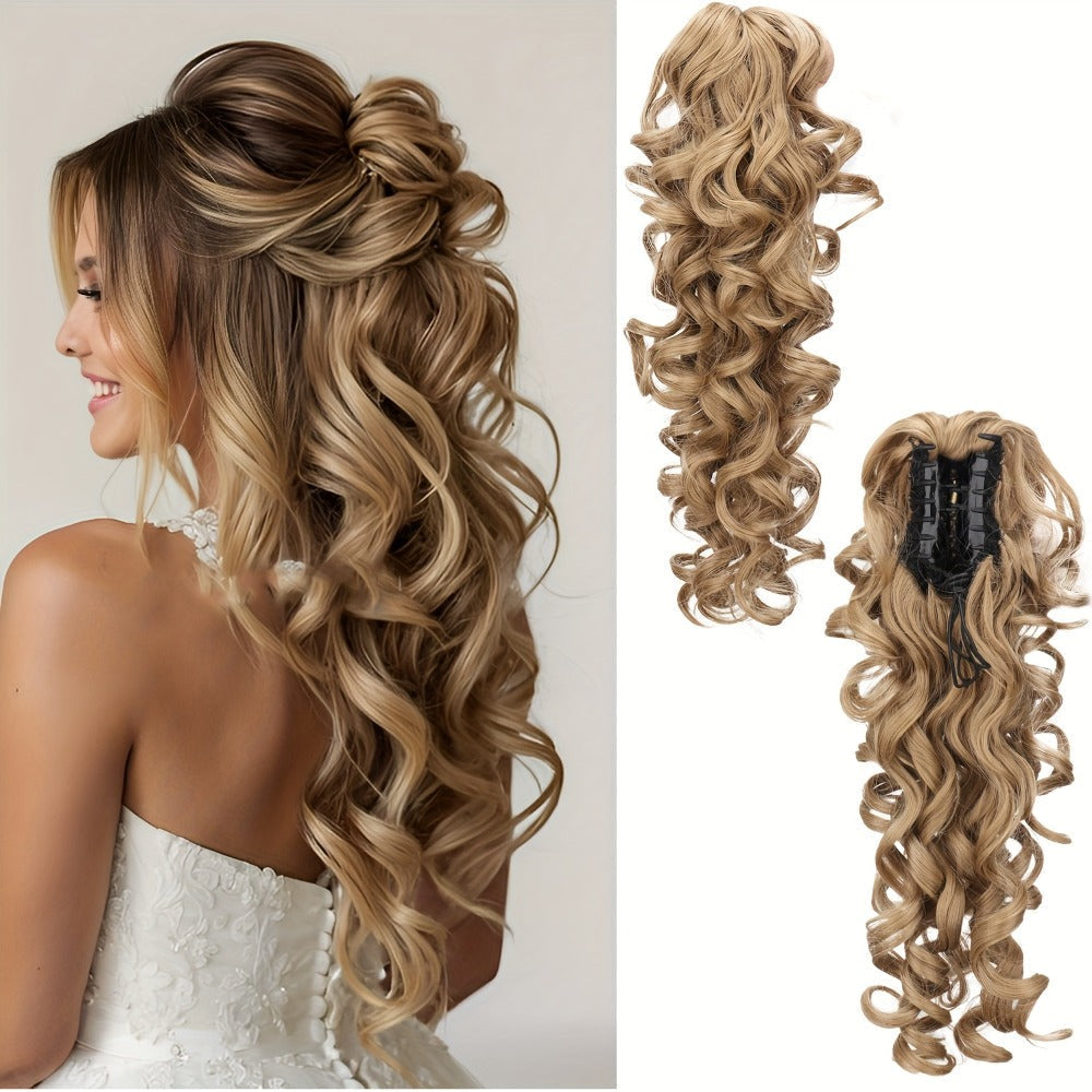 Scroll Curl Claw Clip Ponytail Extension Gradient Color 16 Inch | Synthetic Heat Resistant Hairpiece 5 Colors Linen Brown Golden Grey