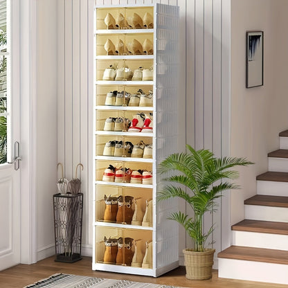 Shoe Rack Organizer 9-Tier, Collapsible Clear Plastic Foldable Stackable Shoe Cabinet with Shelves & Doors
