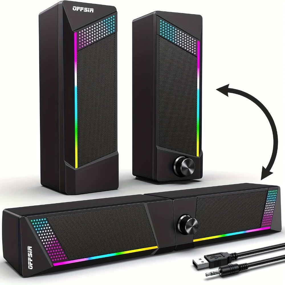 2-in-1 RGB Gaming Computer Speakers Wired, PC Desktop Laptop Soundbar with Subwoofer, Volume Control