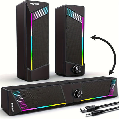 2-in-1 RGB Gaming Computer Speakers Wired, PC Desktop Laptop Soundbar with Subwoofer, Volume Control
